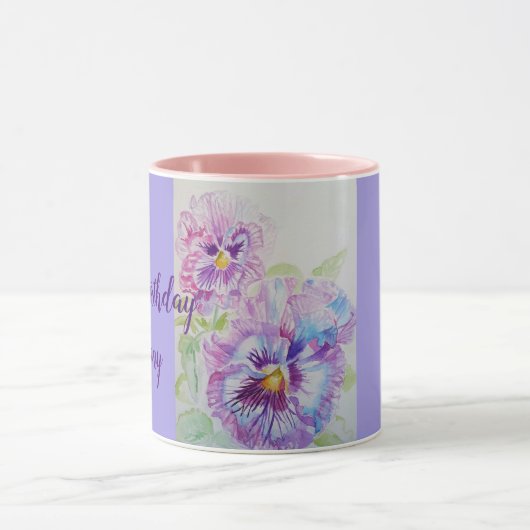 Lila Stiefmütterchen Aquarellmalerei Tasse pink (Zentrum)