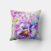 Lila Stiefmütterchen-Blumenmuster Wasserfarbe Blau Kissen (Rückseite)