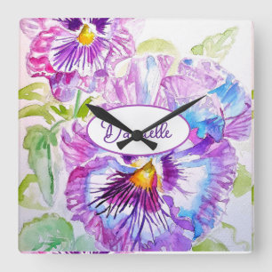 Lila Stiefmütterchen-Blumenmuster-Wasserfarbe-Mädc Quadratische Wanduhr