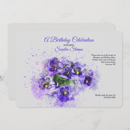 Lila Stiefmütterchen Einladung (Vorne/Hinten)