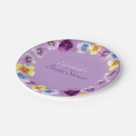 Lila Stiefmütterchen Gartenparty Boho Brautdusche Pappteller (Schrägansicht)