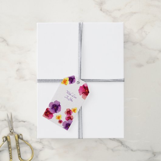 Lila Stiefmütterchen handillustrierte Frühlingsblu Geschenkanhänger (Mit Garn)