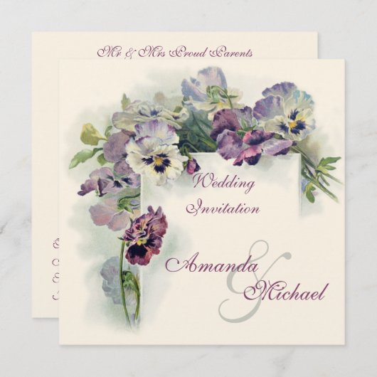 Lila Stiefmütterchen Hochzeitsreise Einladung (Vorne/Hinten)