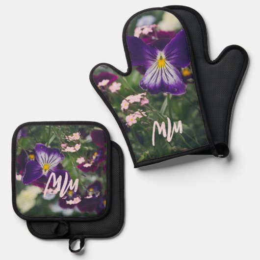 Lila Stiefmütterchen und rosa Vergessenmernots Ofenhandschuh & Topflappen-Set (Vorderseite/Rückseite)