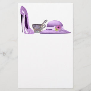 Lila Stilett-Schuh, Hut und Teacup-Kunst Briefpapier
