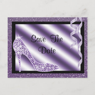 Lila Stiletto & Streamers 60. Save the Date Ankündigungspostkarte