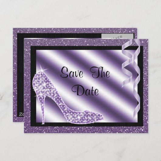 Lila Stiletto & Streamers 60. Save the Date Ankündigungspostkarte (Vorne/Hinten)