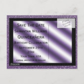 Lila Stiletto & Streamers Quinceañera Ankündigungspostkarte (Rückseite)