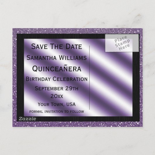 Lila Stiletto & Streamers Quinceañera Ankündigungspostkarte (Rückseite)