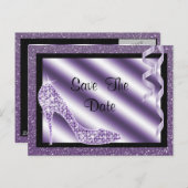 Lila Stiletto & Streamers Sweet 16 Save the Date Ankündigungspostkarte (Vorne/Hinten)