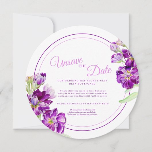 Lila Stock Blume Hochzeit ungerade das Datum rund Einladung (Vorderseite)