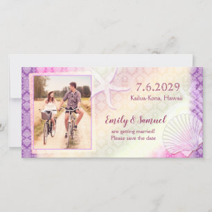 Lila Strandhochzeit Save the Date Fotokarte