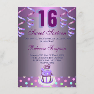 Lila Streamers & Cake Sweet 16 Geburtstag Einladun Einladung