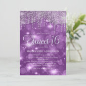 Lila Streichlichter Sparkle Bokeh Glam Sweet 16 Einladung (Stehend Vorderseite)