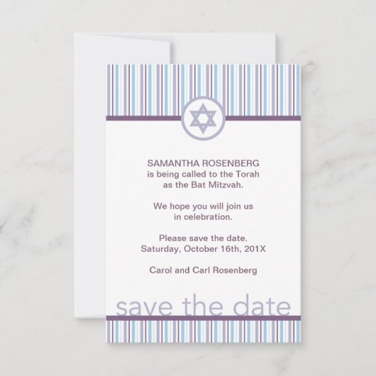 Lila Streifen Bat Mitzvah Save the Date (Vorderseite)