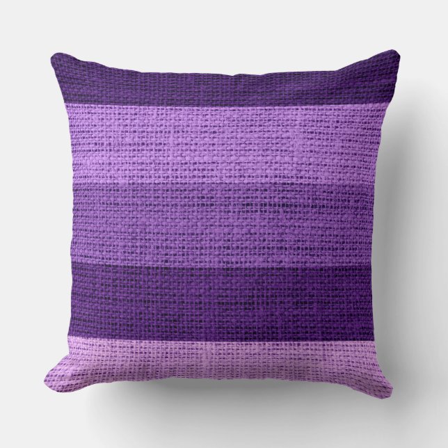 Lila Streifen Burlap Linen Rustikaler Jute Kissen (Vorderseite)