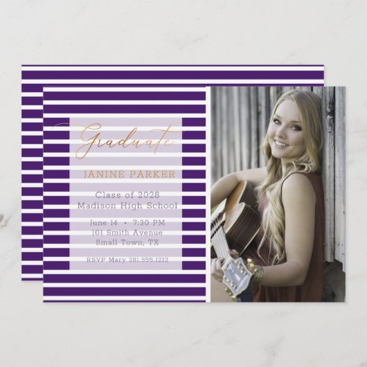 Lila Streifen Fügen Sie Ihren eigenen Foto-Abschlu Ankündigung (Vorne/Hinten)