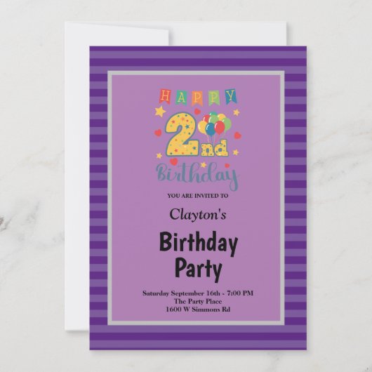 Lila Streifen Gerahmt 2. Geburtstag Party Einladung (Vorderseite)