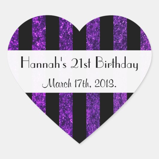 Lila Streifen, Glitzer Streifen, Linien, Geburtsta Herz-Aufkleber (Vorderseite)