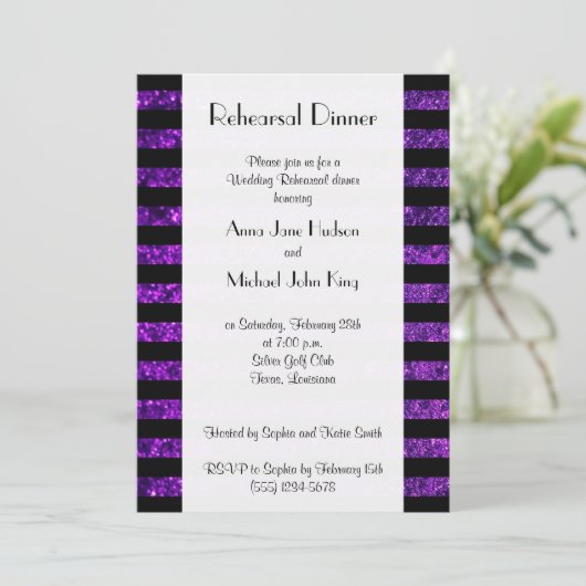 Lila Streifen, Glitzer Streifen, Probe Abendessen Einladung (Stehend Vorderseite)