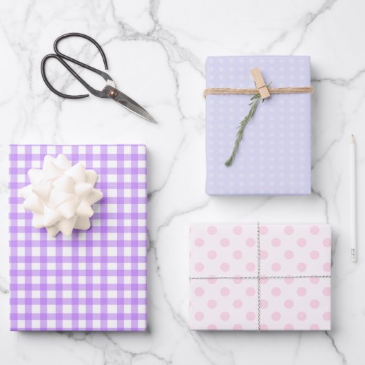 Lila Streifen Lila- und rosa Polka-Dots-Muster Geschenkpapier Set (Vorderseite)