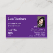 Lila Streifen mit Monogramm und Foto Visitenkarte (Rückseite)