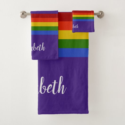 Lila Streifen mit Regenbogen | Personalisieren Badhandtuch Set (Insitu)