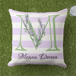 Lila Streifen-Monogramm des Lavendels Kissen