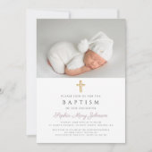 Lila Streifen Religiöse Cross Foto Taufe Einladung (Vorderseite)
