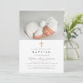 Lila Streifen Religiöse Cross Foto Taufe Einladung (Stehend Vorderseite)