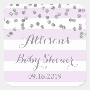 Lila Streifen Silver Confetti Babydusche Gefallen Quadratischer Aufkleber