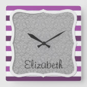 Lila Streifen, Streifen, Linien, Ihr Name Quadratische Wanduhr (Vorderseite)