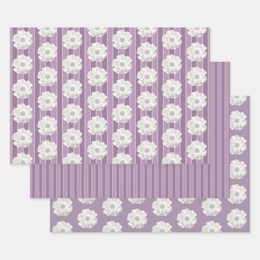 Lila Streifen Weiße Perlen Blume Geschenkpapier Set (Set)
