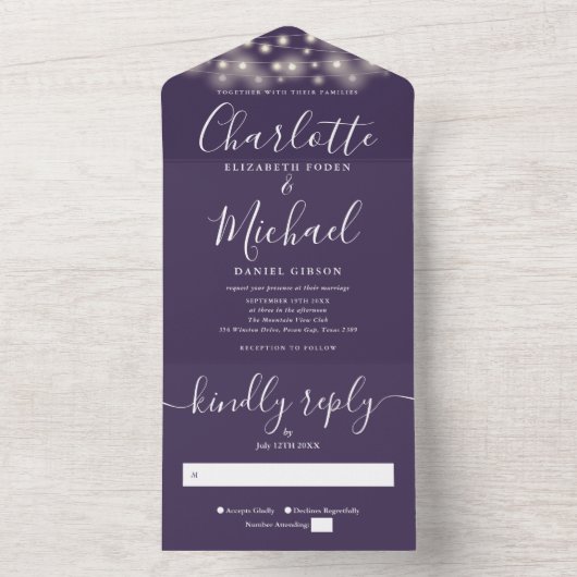Lila String-Lichter Moderne SkriptWedding All In One Einladung (Innen Boden)