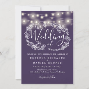 Lila String Lights Bluescript-Hochzeit Einladung