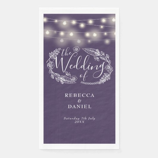 Lila String Lights Bluescript-Hochzeit Serviette (Vorderseite)