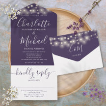 Lila String Lights Elegante Script-Hochzeit
