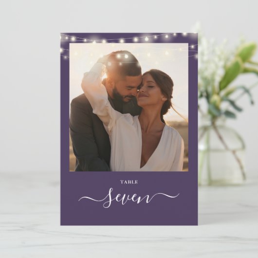 Lila String Lights Foto Tischnummer (Stehend Vorderseite)