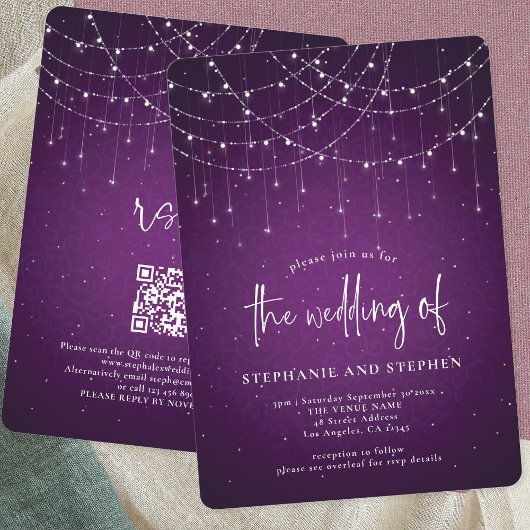 Lila String-Lights QR-Hochzeit für informelles Skr Einladung
