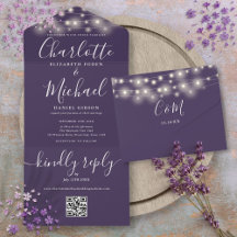 Lila String-Lights QR-Monogramm-Hochzeit