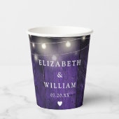 Lila String Lights Rustic Wood Boho Barn Wedding Pappbecher (Rückseite)