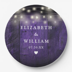 Lila String Lights Rustic Wood Boho Barn Wedding Pappteller