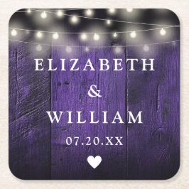 Lila String Lights Rustic Wood Boho Barn Wedding Rechteckiger Pappuntersetzer