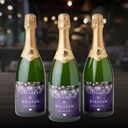 Lila String Lights Rustic Wood Boho Barn Wedding Schaumweinetikett