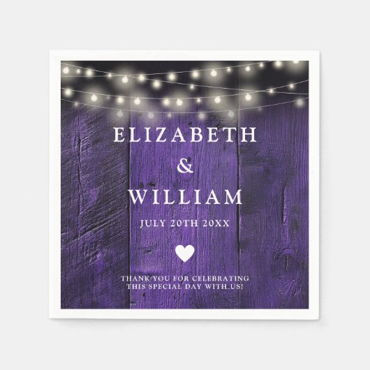 Lila String Lights Rustic Wood Boho Barn Wedding Serviette (Vorderseite)