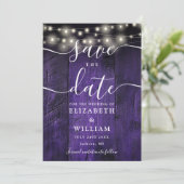 Lila String Lights Rustic Wood Stone Wedding Save The Date (Stehend Vorderseite)