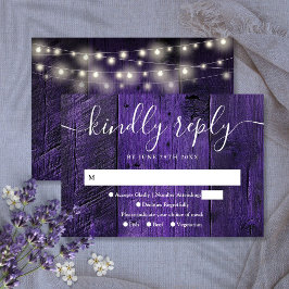 Lila String Lights Rustic Wood Western Hochzeit RSVP Karte