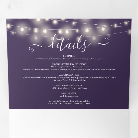 Lila String Lights Script Monogram Wedding Dreifach Gefaltete Einladung (Innen Erste Seite)