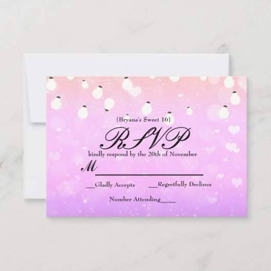 Lila String Lights Sparkle Party RSVP Card Karte (Vorderseite)