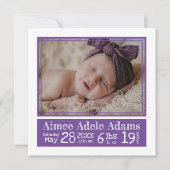 Lila Stripes Baby Foto Geburtsstunde Ankündigung (Vorderseite)